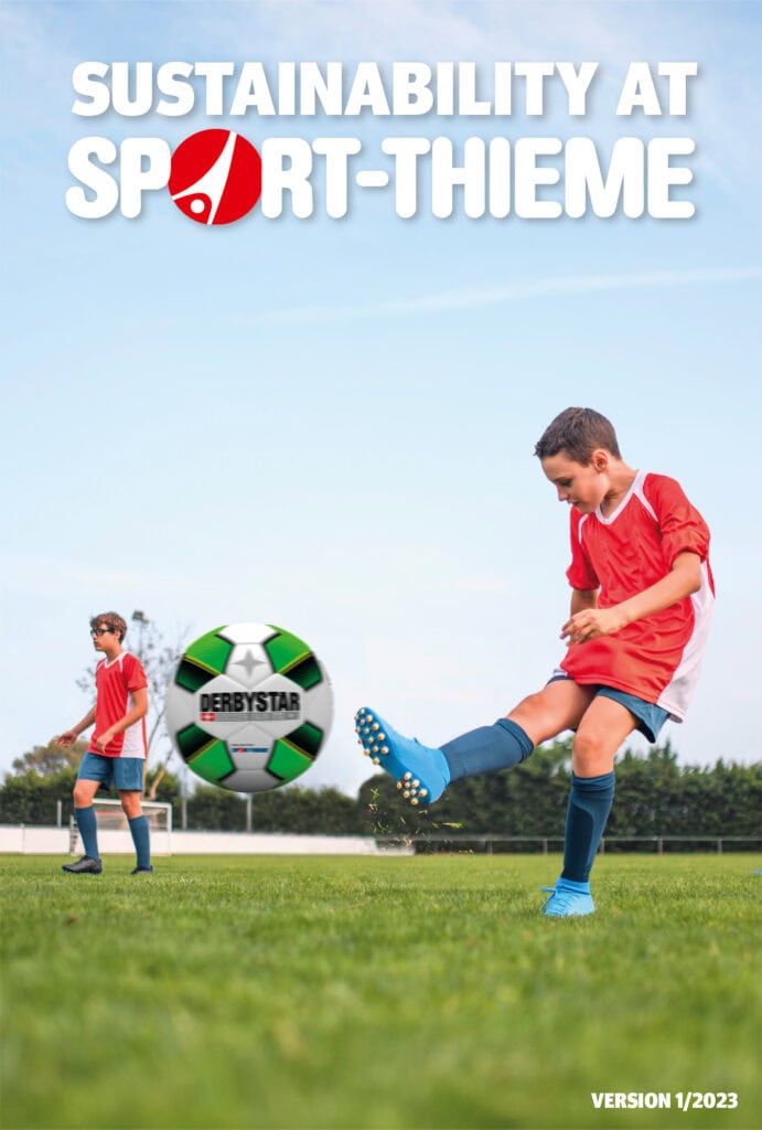 A child kicks a Sport-Thieme football. Above, the text reads “Sustainability at Sport-Thieme.”