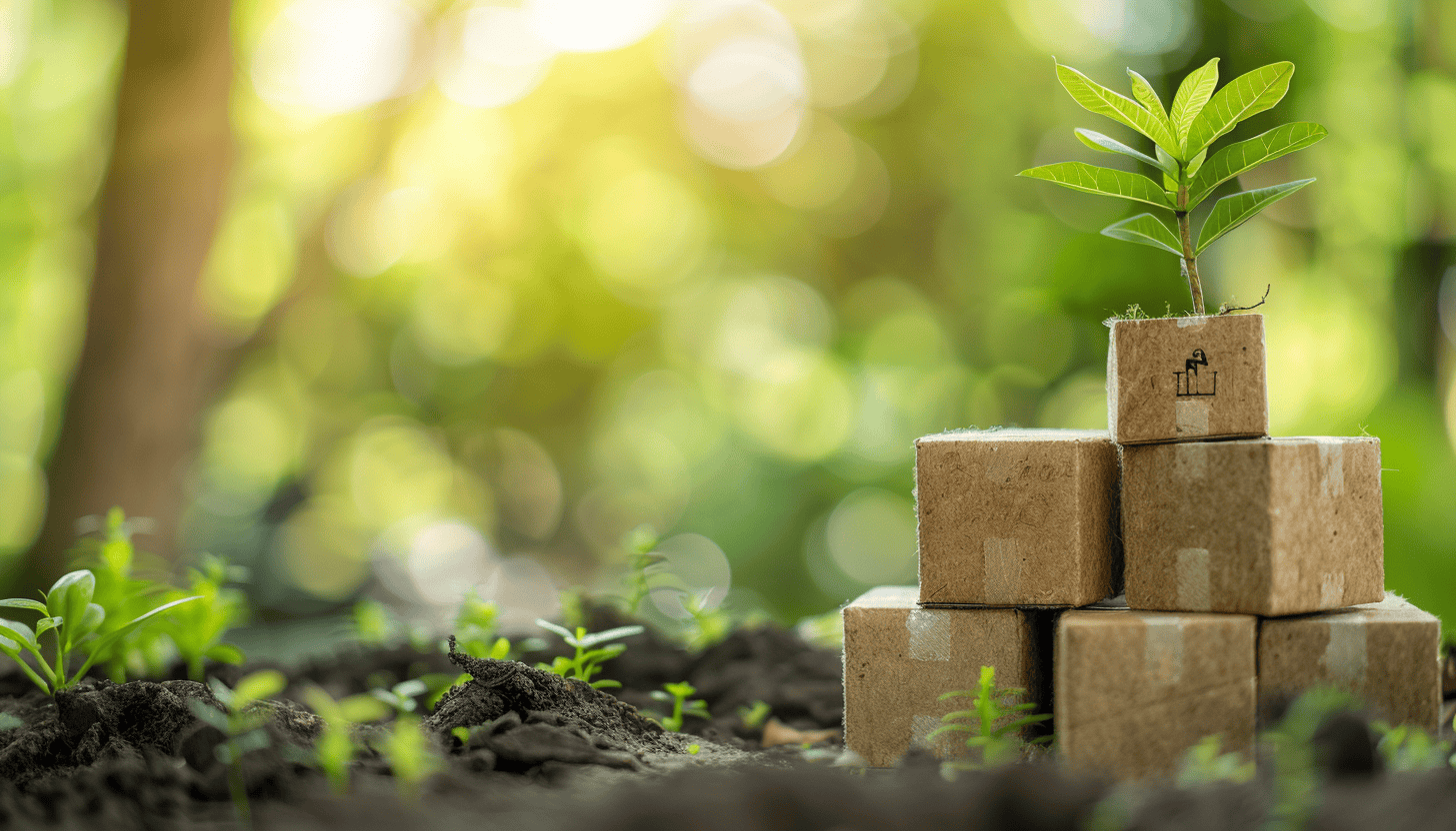 In a forest, several packages are stacked on top of each other. On the surface of one of these packages, a plant is growing.