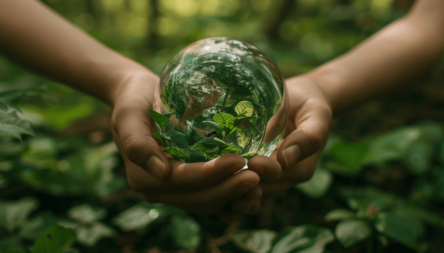 Two hands hold a glass sphere containing visible plants inside.