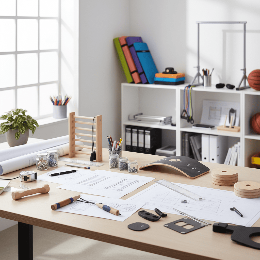 Modern, bright workspace with sketches, tools, paper rolls and prototypes of sports equipment in a friendly and creative atmosphere.